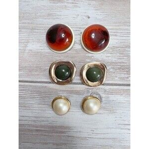 Vintage Button Stud Earrings Lot Of 3 Amber Lucite Pearl Green Gold Old Money